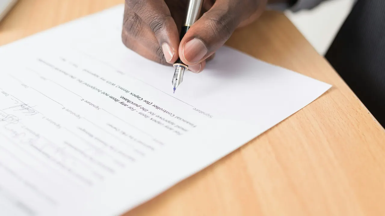 A person signing a printed document with a pen at a wooden desk